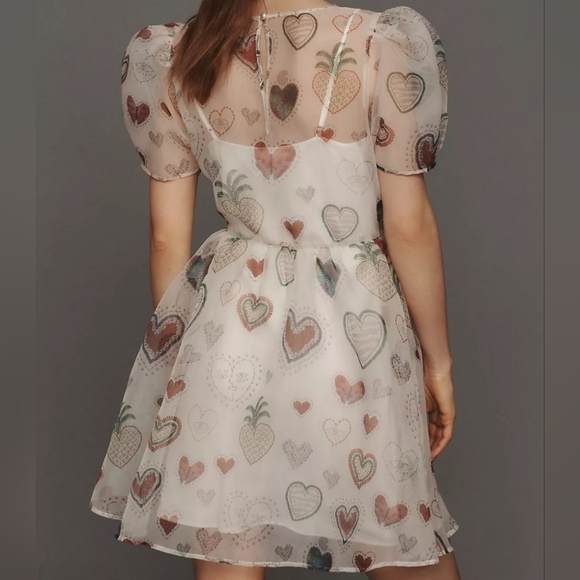 FARM Rio Anthropologie Sheer Heart Puff Sleeve Mini Dress In White Size L NWT - Picture 4 of 12